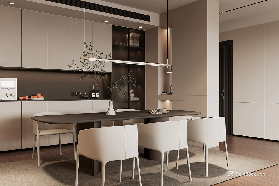 Modern Restaurant Interior Design With Dining Table White Chairs Pendant Lights And Cabinets 3d model