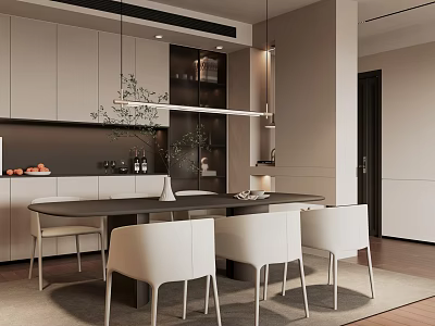 Modern Restaurant Interior Design With Dining Table White Chairs Pendant Lights And Cabinets 3d model