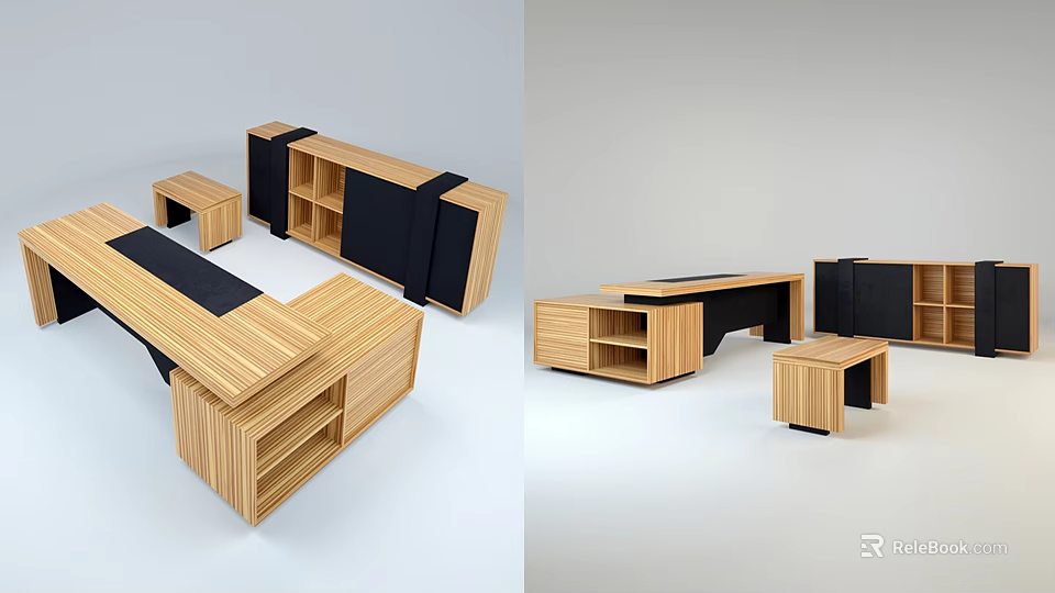 Modern Wooden Office Desk With Drawers Shelves And Black Panels 3d model 