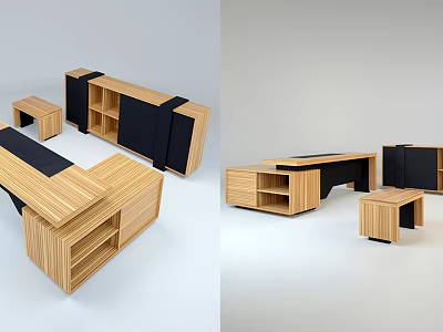 Modern Wooden Office Desk With Drawers Shelves And Black Panels 3d model
