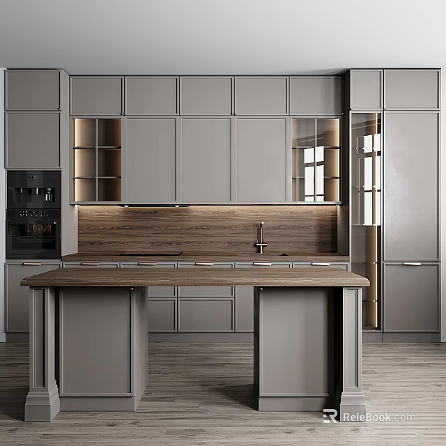 Modern Gray Kitchen Cabinets With Wooden Countertop And Central Island 3d model 