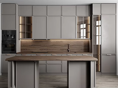 Modern Gray Kitchen Cabinets With Wooden Countertop And Central Island 3d model