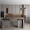 Modern Gray Kitchen Cabinets With Wooden Countertop And Central Island