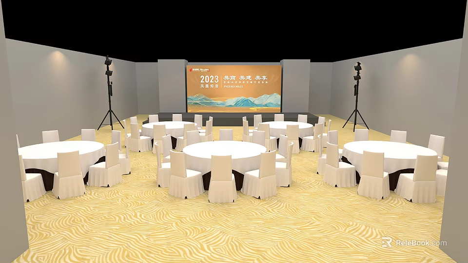 Commercial Event Equipment For Conference Venue With Round Tables Chairs And Stage Lighting 3d model 