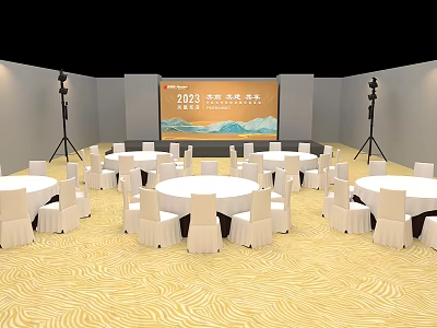 Commercial Event Equipment For Conference Venue With Round Tables Chairs And Stage Lighting 3d model