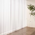 White Sheer Curtains In Modern Living Space With Wooden Floor And Green Plant