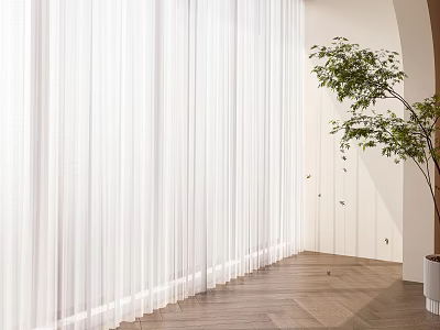 White Sheer Curtains In Modern Living Space With Wooden Floor And Green Plant 3d model