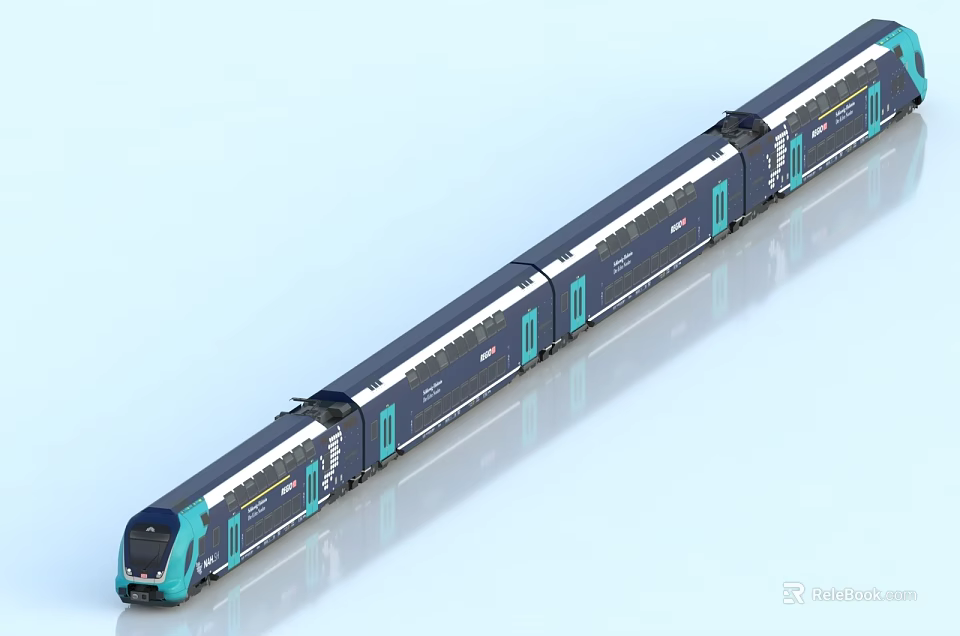 Modern Electric Train With Streamlined Front Multiple Dark Blue And Light Blue Carriages 3d model 
