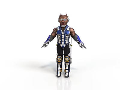 3D Warrior Character In Blue And Black Armor With White Helmet 3d model