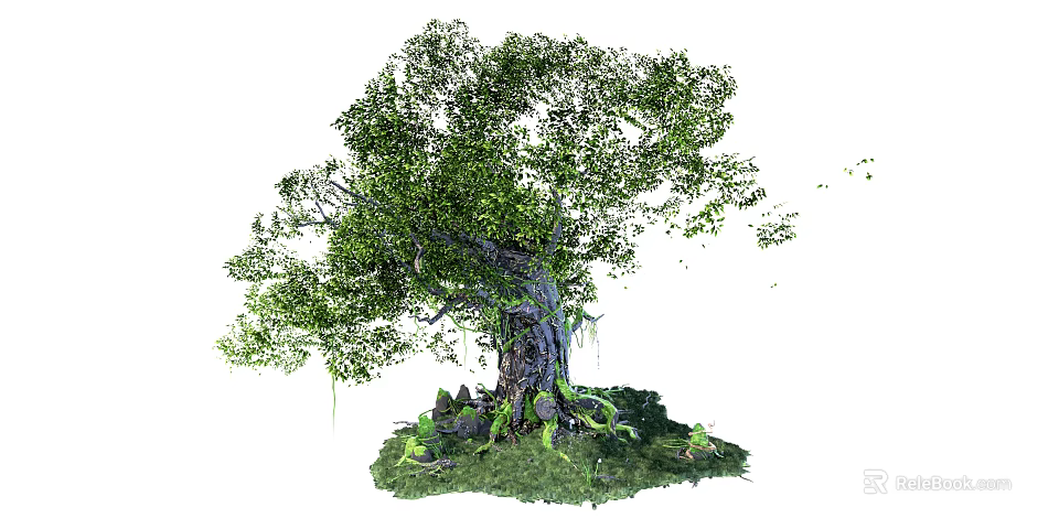 Lush Green Arbor With Thick Trunk And Moss Covered Roots Surrounded By Stones And Grass 3d model 