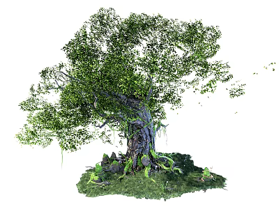 Lush Green Arbor With Thick Trunk And Moss Covered Roots Surrounded By Stones And Grass 3d model