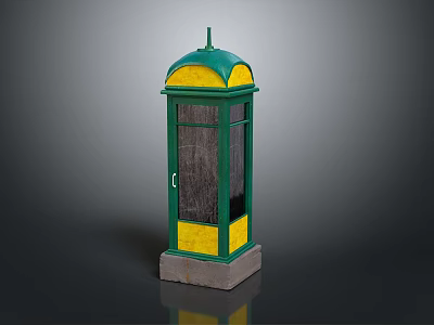 Vintage Phone Booth With Green Dome Yellow Panels Glass Door And Gray Stone Base 3d model