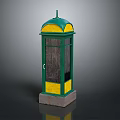Vintage Phone Booth With Green Dome Yellow Panels Glass Door And Gray Stone Base