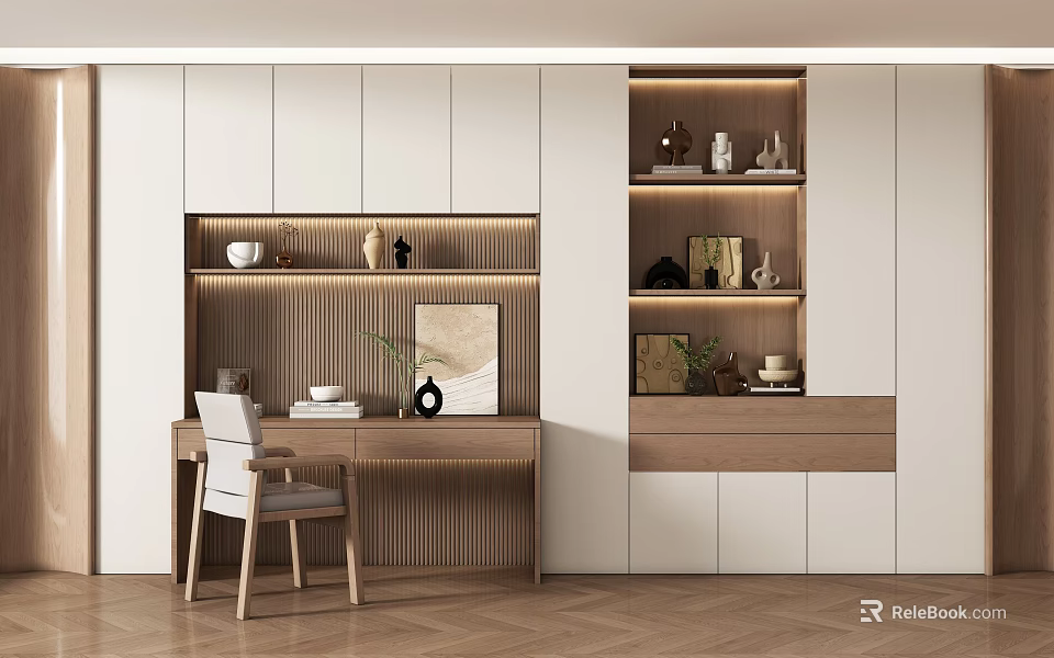 Modern Study Room Interior Design With Wooden Desk Chair Decorative Shelves And Lighting 3d model 