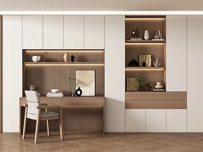 Modern Study Room Interior Design With Wooden Desk Chair Decorative Shelves And Lighting 3d model