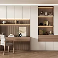 Modern Study Room Interior Design With Wooden Desk Chair Decorative Shelves And Lighting