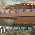 Modern Circular Cultural Center Building With Glass Facade And Mountain View in Natural Surroundings