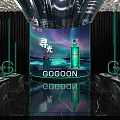 Futuristic Banquet Hall With Long Dining Tables Chairs Large Screen Projection And Teal Lighting