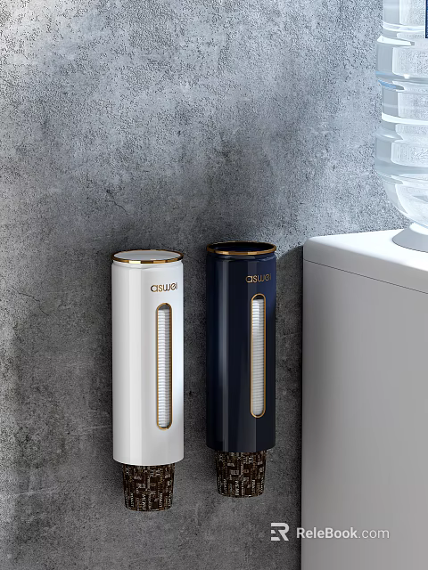 Stylish Cylindrical White Navy Blue Cups With Gold Rim On Gray Wall Background 3d model 