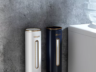 Stylish Cylindrical White Navy Blue Cups With Gold Rim On Gray Wall Background 3d model