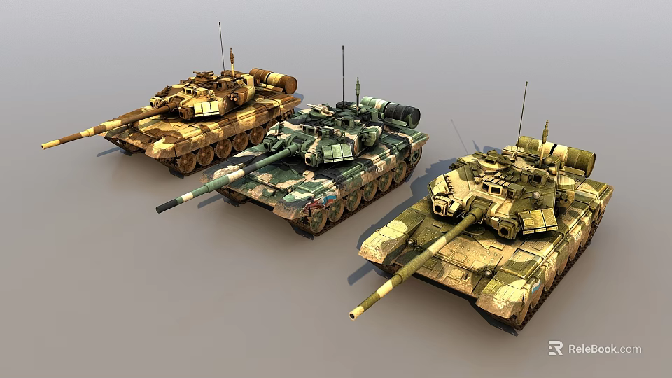 Three Military Tanks With Different Camouflage Patterns Displayed Side By Side 3d model 