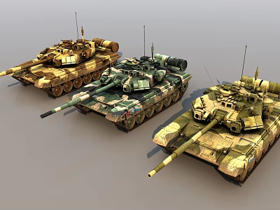 Three Military Tanks With Different Camouflage Patterns Displayed Side By Side 3d model