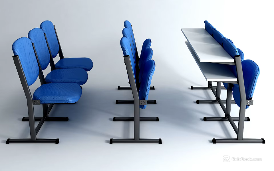 Blue Public Chairs With Black Frames For Public Areas Featuring Table Attached Seats 3d model
