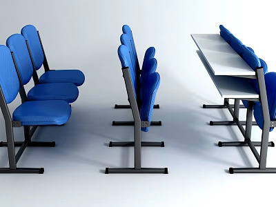 Blue Public Chairs With Black Frames For Public Areas Featuring Table Attached Seats 3d model