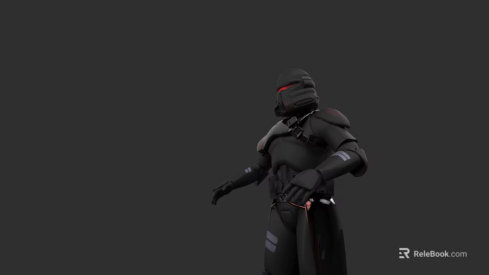 Game Movie Character In Black Armor Standing Pose With Red Accents And Helmet 3d model 