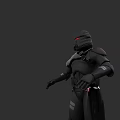 Game Movie Character In Black Armor Standing Pose With Red Accents And Helmet