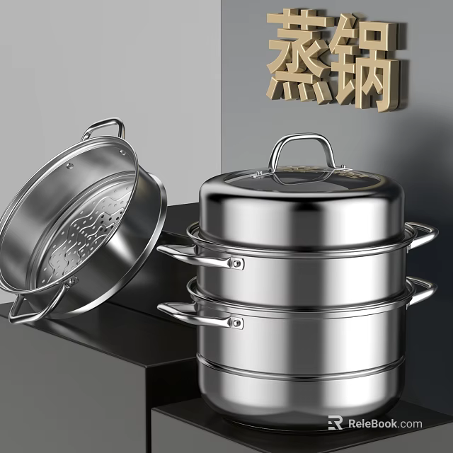 Stainless Steel Multi Layer Steamer With Steaming Basket 3d model 