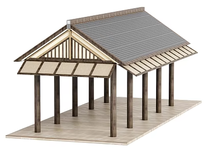Traditional Garden Pavilion With Wooden Structure Gray Roof And Wooden Columns On Wooden Floor 3d model
