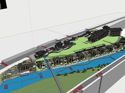 Hotel Building Complex Layout With River And Green Surrounding Areas 3d model