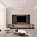 Modern Dining and Living Room Interior with Gray Walls Round Backlit Mirror and White Cabinets