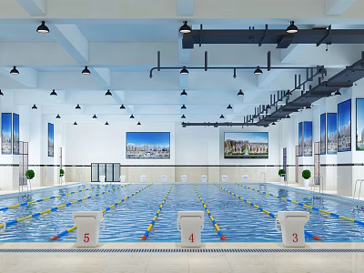 Indoor Swimming Pool Featuring Lane Lines Numbered Starting Blocks Bright Lighting Wall Paintings And Plants 3d model