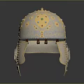 Vintage Ornate Metallic Helmet With Colorful Gemstones And Carved Details