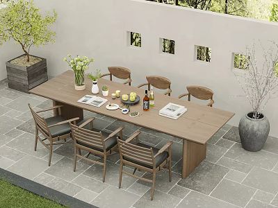 Modern Outdoor Wooden Dining Table And Chairs Set With Flowers Fruits Drinks Newspaper And Plants 3d model