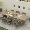 Modern Outdoor Wooden Dining Table And Chairs Set With Flowers Fruits Drinks Newspaper And Plants