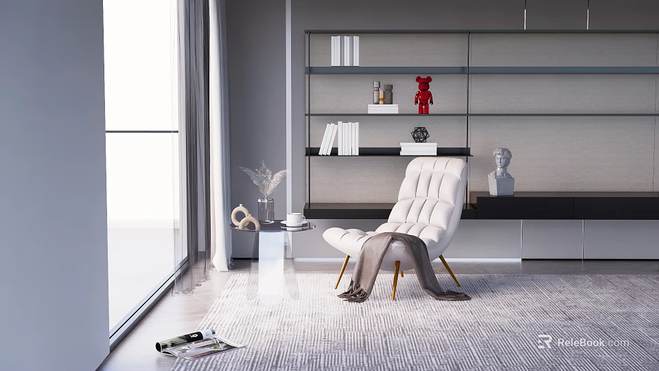 Modern White Comfortable Leisure Chair With Gold Legs And Blanket In Minimalist Living Room 3d model 