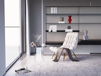 Modern White Comfortable Leisure Chair With Gold Legs And Blanket In Minimalist Living Room 3d model