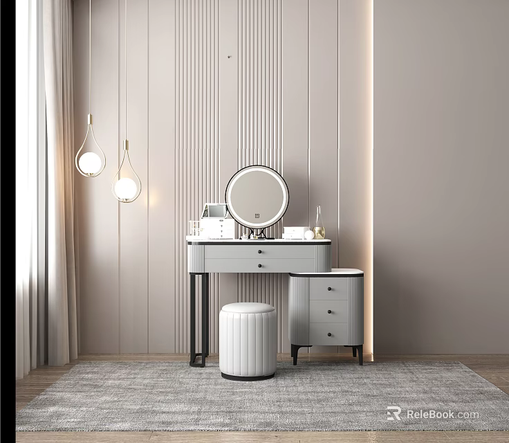 Modern Dressing Table Interior With Round Mirror Drawers Stool Pendant Lights And Wall Paneling 3d model 
