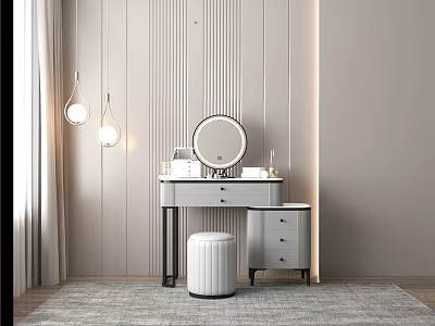 Modern Dressing Table Interior With Round Mirror Drawers Stool Pendant Lights And Wall Paneling 3d model