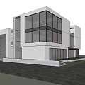 Modern Detached Villa With Glass Facade White Exterior Green Lawn And Trees