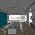 Modern Lounge Area Design With Long Table Gray Chairs And Blue Glass Wall