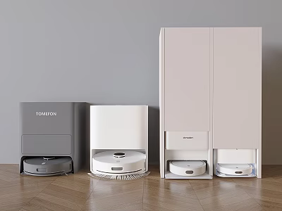 TOMCAT Smart Machines Gray and White Home Appliances on Wooden Floor with Gray Wall 3d model