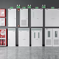 White Fire Doors With Fire Extinguishers Hydrant Cabinets And Green Exit Signs 3d model