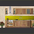 Cartoon Style Kitchen Scene With Wooden Cabinets Yellow Tile Backsplash And Potted Plants