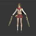 Game Movie Character With Short Black Hair Red Scarf Red Plaid Skirt And Dual Guns