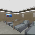 Hotel Public Lounge Area Featuring Wooden Walls Gray Sofas Flat Screen TV And Decorative Paintings