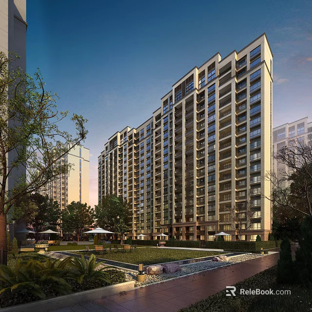 Modern High Rise Residential Building With Green Courtyard And Landscaped Trees 3d model 
